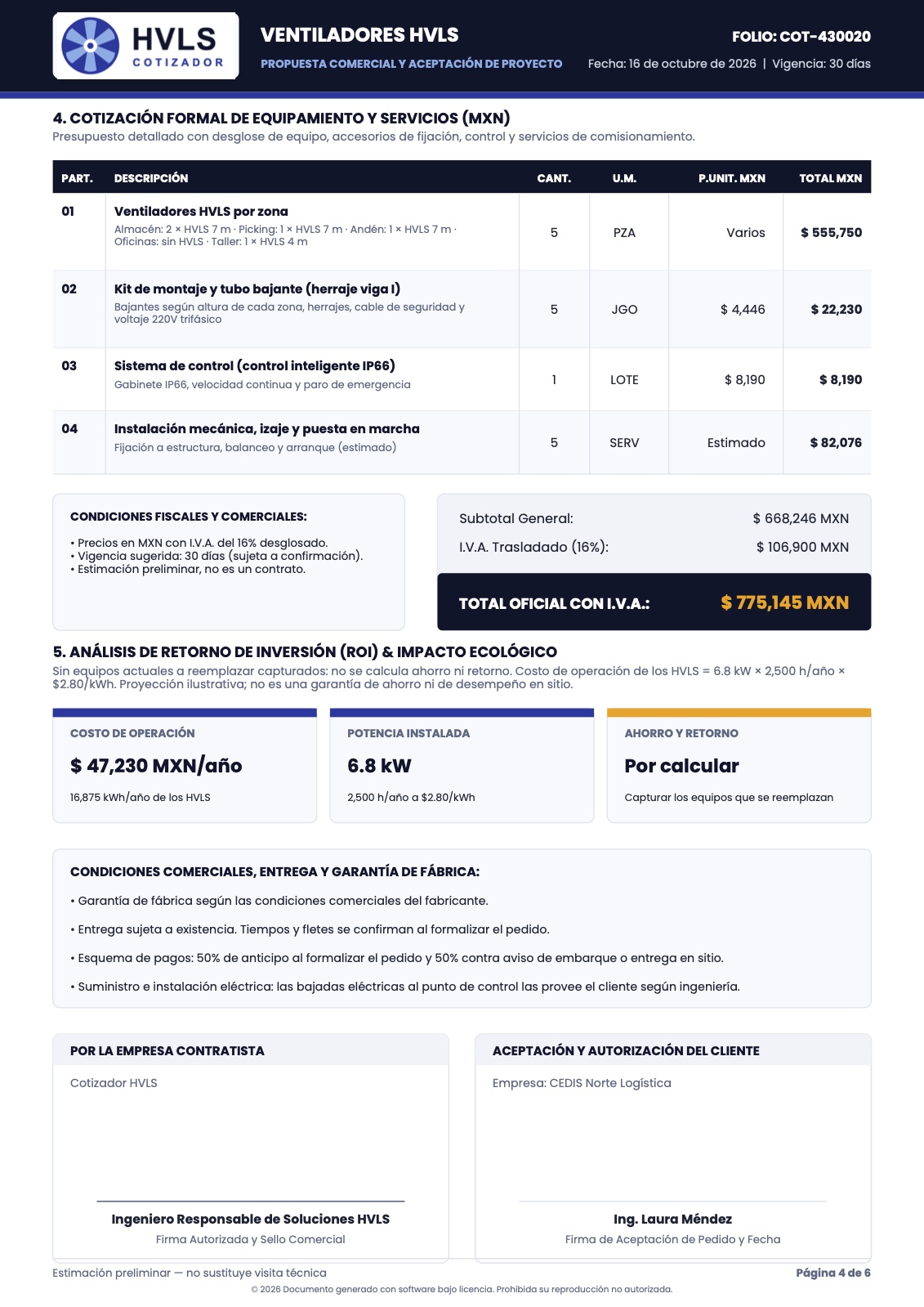 Página de cotización con IVA y retorno